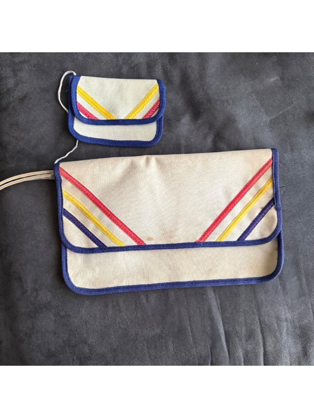 Vintage Canvas Pouch Set With Multicolor Stripe Design & Wrist Strap